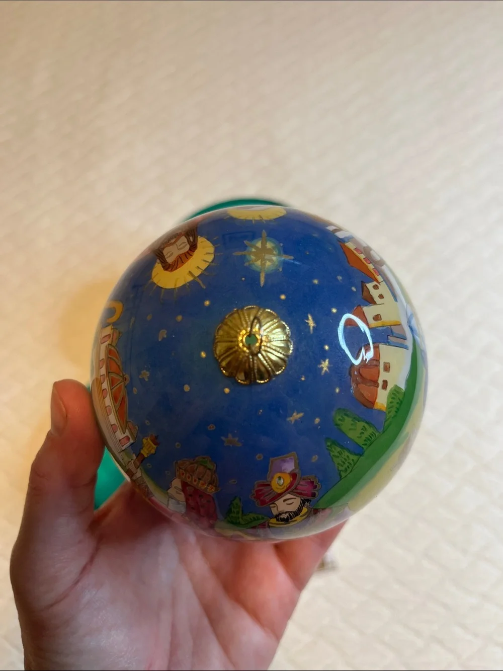 Hand-Painted Li Bien Nativity Christmas Ornament with Green Satin Box